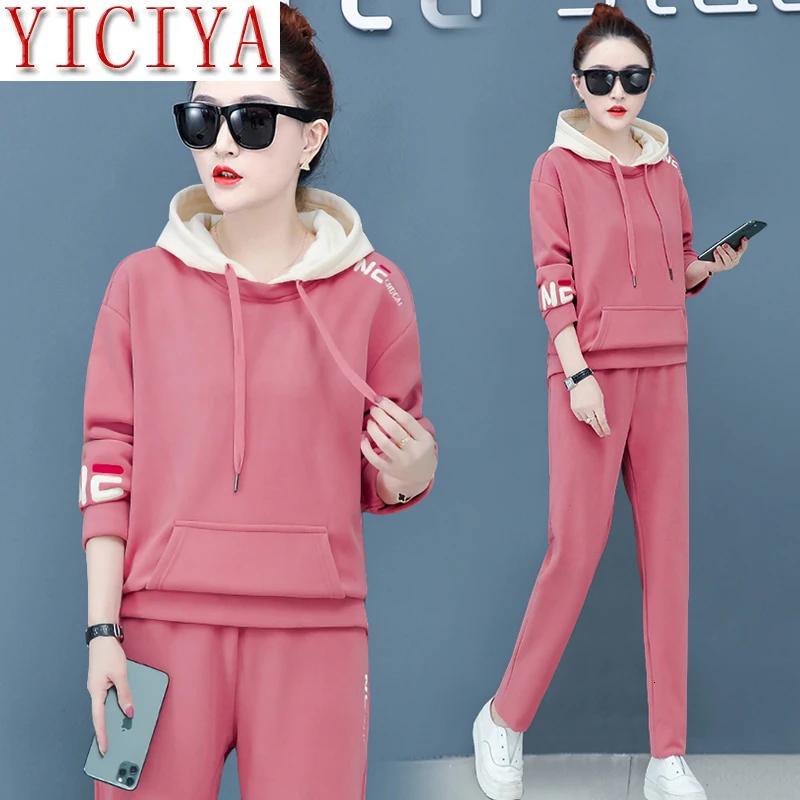 Pink Velvet 2 Piece Set Tracksuit For Women Outfits Plus Size Warm Thick Hoodies Pant Matching Sportsuit Winter Fall Clothing