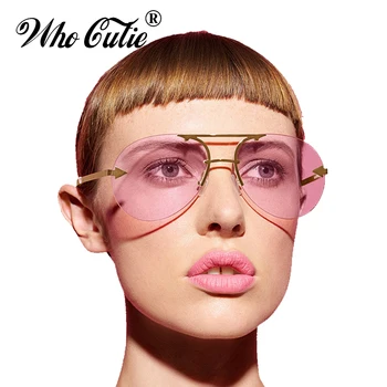 

WHO CUTIE 2017 Rimless Clear pilot Sunglasses KW Arrow Leg Men Women Tint Pink Yellow Lens Sun Glasses Shades OM400