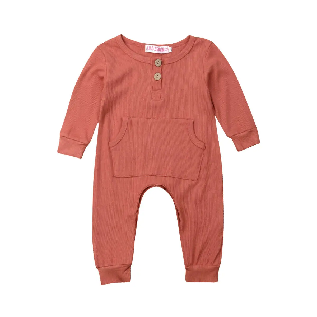 Одежда для малышей на весну и осень одежда для новорожденных мальчиков и девочек комбинезон с длинными рукавами и большим карманом однотонный комплект в рубчик - Цвет: Коричневый
