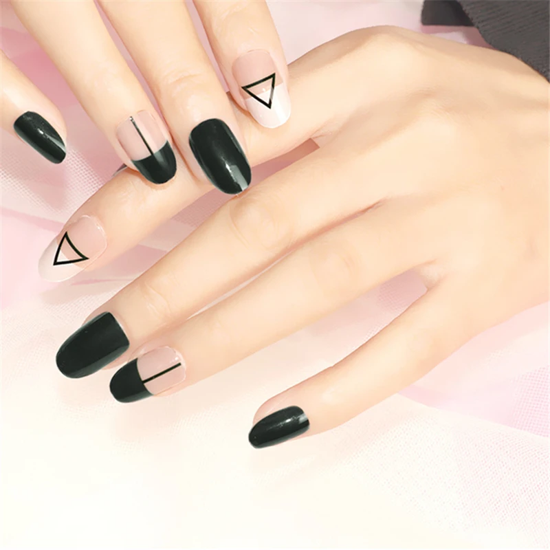 Nusx 24pcs set Dark Green Finished Fake Nails Round Head Short Full Cover Triagle Line Pattern 2