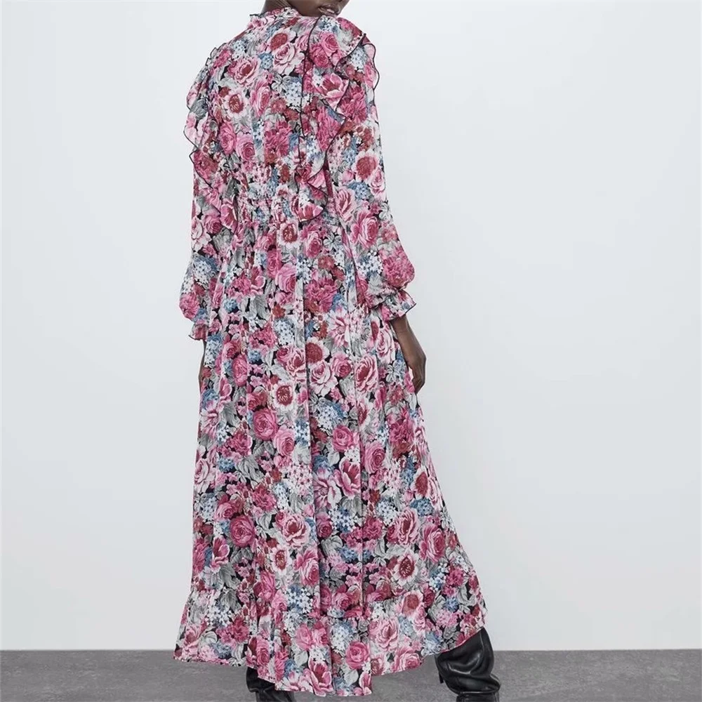 Осень, женское Новое эластичное платье с вертикальным воротником и длинным рукавом, с эластичной резинкой на талии, многослойное платье с цветочным принтом, 08805179330