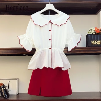 

plus size women korean two pieces set office ladies sweat peter pan collar chiffon blouse and a-line skirt set women clothes