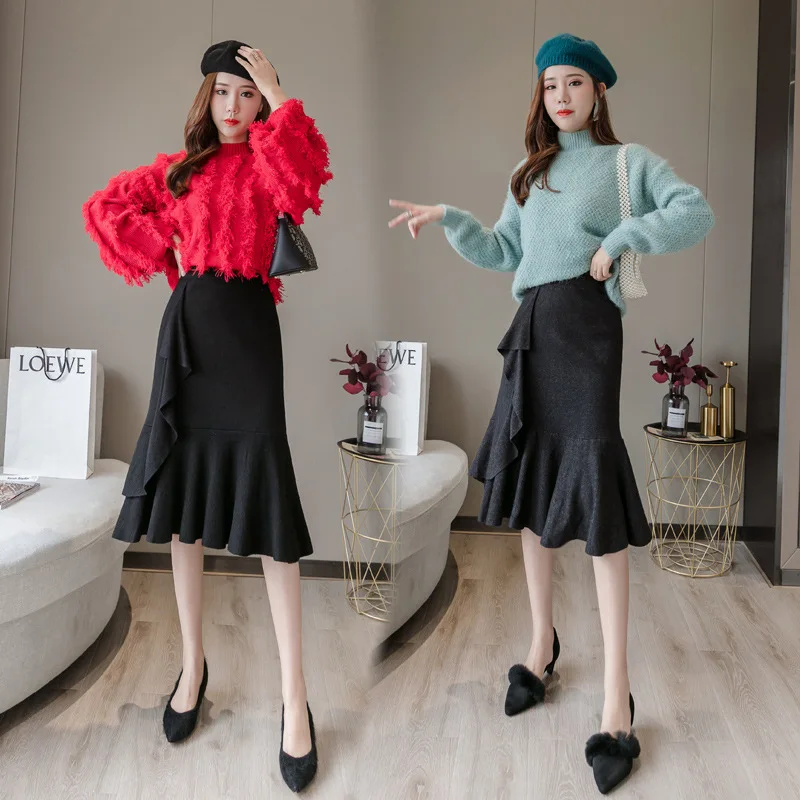 

Photo Shoot Flounced Skirt Midi-skirt Autumn And Winter Elegant Fishtail Skirt Irregular Mid-length Skirt Women's