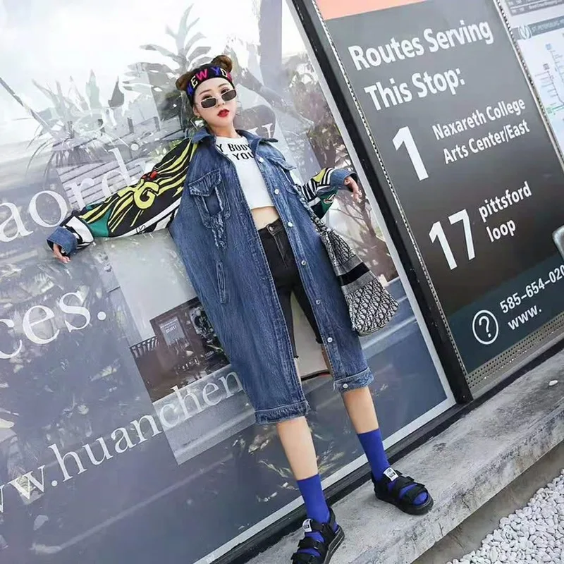 women's denim windbreaker female fashion creative personality pattern stitching loose denim jacket street clothing women