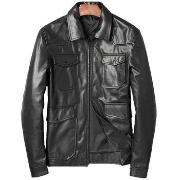 

DK 2019 Turn-down Collar Leather Coat Men Autumn Casual Leather Genuine Clothing Top Quality Leather Outwear