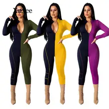 Contrast Color Sexy Long Sleeve Bodysuit Women Stand Collars Front Zipper Skinny Overall Plus Size Bodycon One Piece Rompers