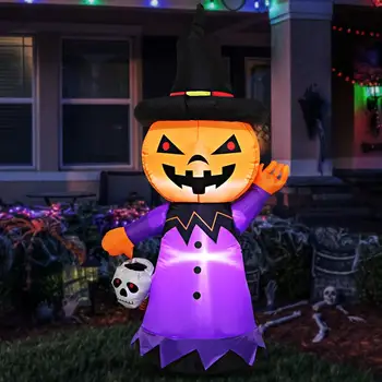 

1 Set 1.5m LED Lighted Inflatable Pumpkin Air Blown Up Halloween Yard Party Decoration Photo Booth Horror Props with US Plug