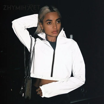 

ZHYMIHRET 2019 Autumn Reflective Crop Top Women Zipper Front Logn Sleeve Female Jacket Casual Jogging Stand Collar Short Coat