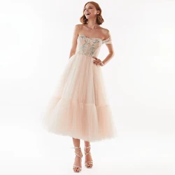 Fivsole Elegant Sweetheart Tulle Midi Prom Dresses Embroidery One Shoulder Tea-Length Evening Gown Tiered Formal Party Dress