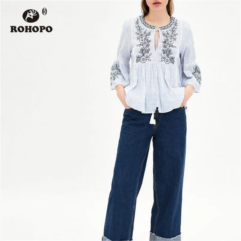 

ROHOPO Patchaork Lace Embroidery Floral Vintage Cotton Ruffles Blouse Butterfly Sleeve Stripe Top Shirt #9297