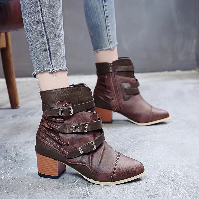

Women's Boots High-heeled Pointed Shoes Multi-layer Buckle Back Zipper Solid Color Retro 2019 Vintage Belt Buckles Boots tyh6