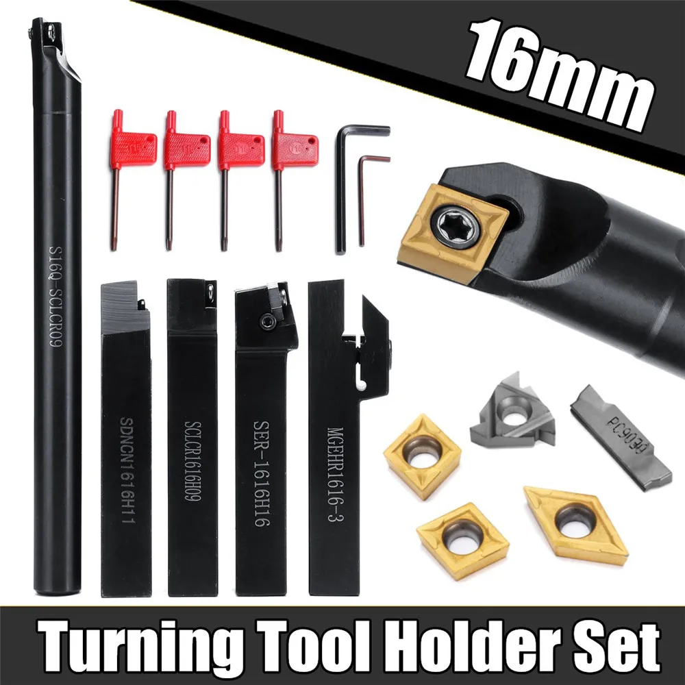 5Pcs 16MM Professional Shank Lathe Boring Bar Turning Tool Holder Set + Inserts Blade +Wrench Hand Tools