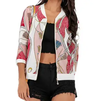 

MISSKY Spring Autumn Women Jacket Stand Collar Zipper Chain Printing Causal Sunscreen Lady Short Coat Outwear For Female