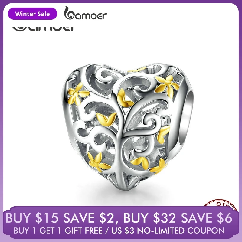 

bamoer Tree of Life Heart-shape Charm Compatible European Bracelet Female Family Tree Beads for Women Jewelry Making SCC1249