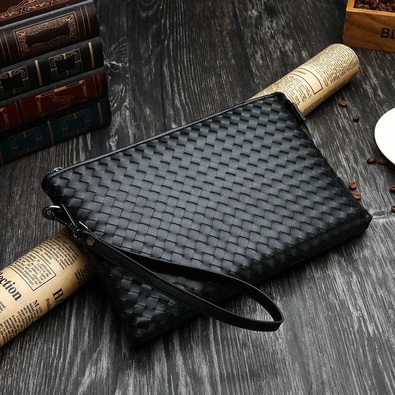 

New Style Men's Bag Genuine Leather Weaving Men Clutch Bag Envelope Soft Leather Casual Men's Hand IAPD Bag