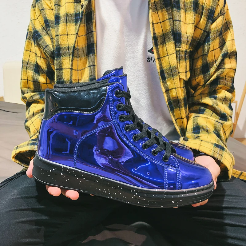 Sooneeya High Top Patent Leather Casual Shoes Men Glitter Luxury Boots Male Driving Shoes Brand Designer Bling Leather Shoes