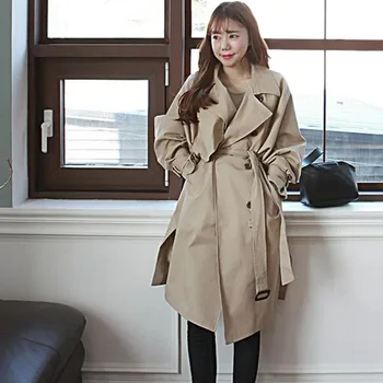 

LANMREM Khaki Lapel Long Sleeve Double-breasted Split Fork Loose Windbreaker Woman Casual Fashion 2020 Spring Coat New TV884