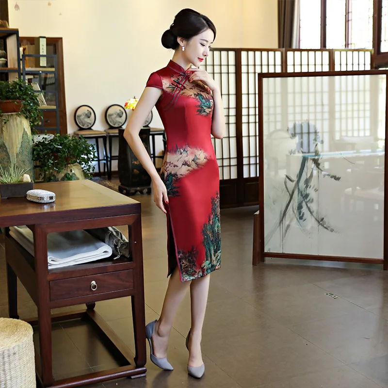 Большие размеры 5XL, Новое поступление, винтажное, короткий рукав, вискоза, Cheongsam, сексуальное, для женщин, официальное, короткое платье, с цветочным принтом, воротник-стойка, Qipao