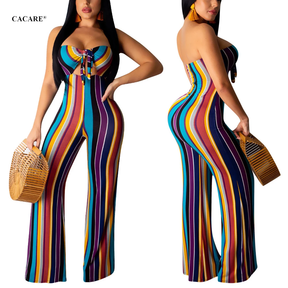 Sexy Women Jumpsuit Summer 2021 CHEAPEST Body Femme Long Bodysuit Overalls F0603 Strip Print Off Shoulder CACARE