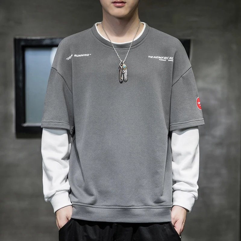 

Sweatshirt men's round neck loose Patchwork trend hoodies fake two-piece spring autumn thin hit color letter print Kpop clothes