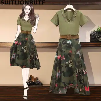 

Perfect Quality Summer Plus Size Two Piece Set Cotton Beading T Shirt Sashes Chiffon Print Irregular Hem Skirt Ropa Mujer Femme