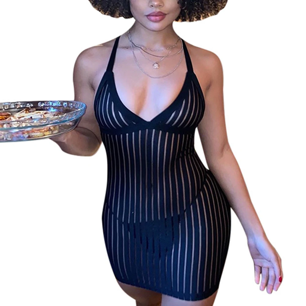 2020 Summer Fashion New Dress Sexy Mesh See Through Spaghetti Strap Bodycon Slim Above Knee Party Club Wear | Женская одежда
