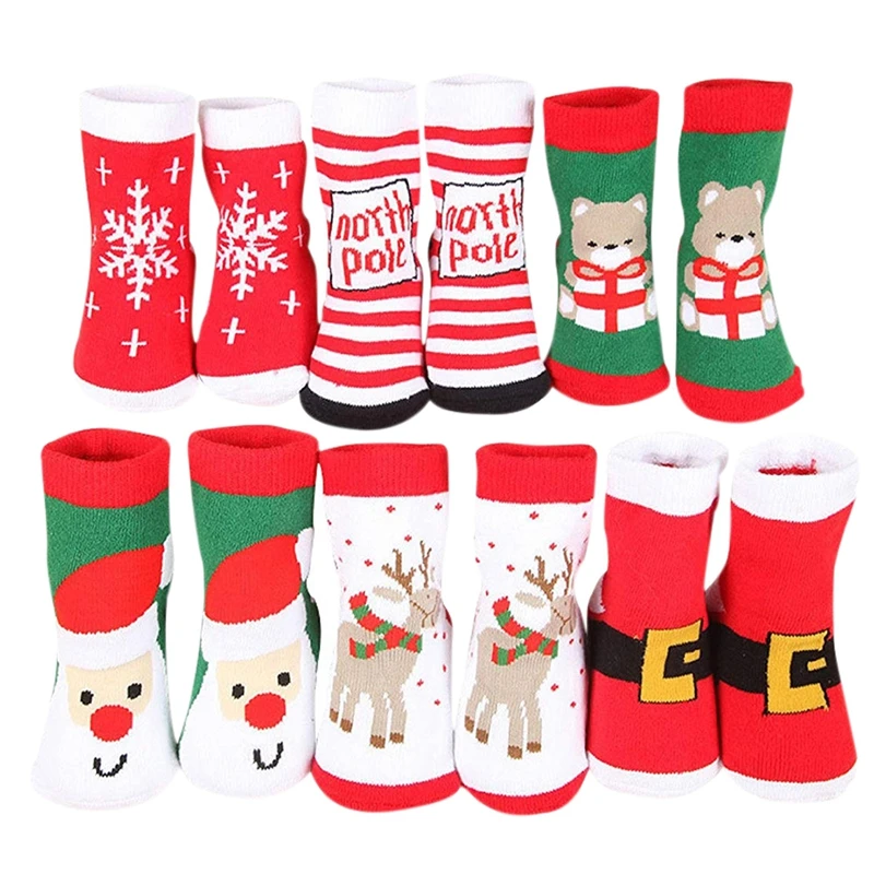 

6 pairs Christmas Socks Baby Boy Girl Socks 1-3 Years Cotton Pure Thick Soft Breathable Autumn Winter Warm Sock Colors Mixed - S