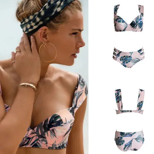 Push Up Padded Bra Bikini Set Floral Swimwear Women Bathing Suit 2020 Summer High Waist Hollow Out Bottom Leaves Swimsuit | Женская
