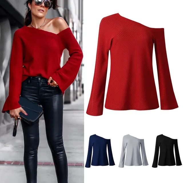 US $18.99 Women LADY Autumn Knitting Sweater Wide Flared Sleeve Solid Color Tops