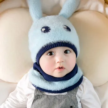 

Children Kids Baby Winter Warmer Scarf Cartoon Ear Design Hat Infant Cotton Collar Scarves Neckerchiefs Headwear Set