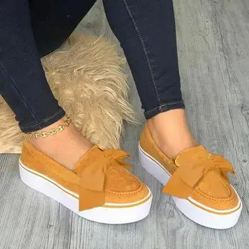 

Oeak 2019 New Women Loafers Plus Size Platform Slip On Bowtie Flat Shoes Casual Bowknot Shoe For Female Flock Moccasins Footwear