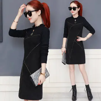 

2020 New Spring Velvet Dress Women Mini Dress Stand Collar Long Sleeve Dresses Female Vestido Vintage Work Wear LX1492 es