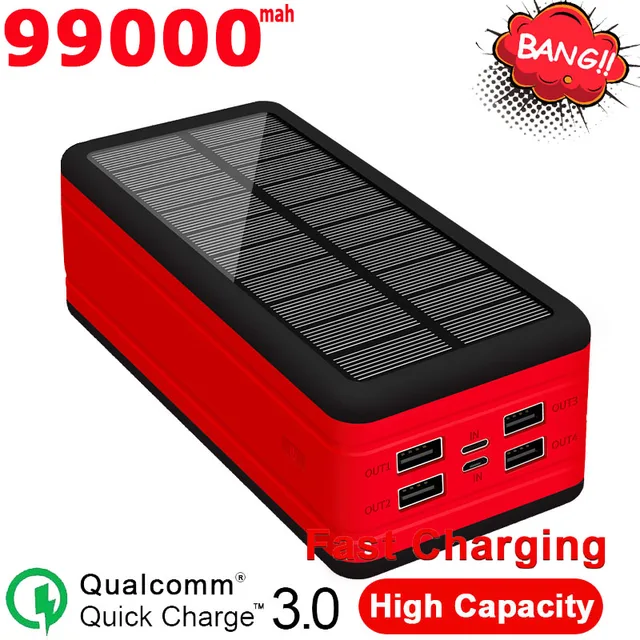 99000mAh Solar Power Bank Large Capacity Portable Charger 2USBcellphone Battery Outdoor Waterproof Power Bank for Xiaomi Samsung 1