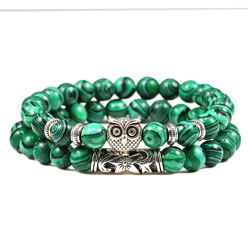malachite Комплект из 2 предметов, браслет из бисера для мужчин и женщин, натуральный тигровый глаз и лавовый камень, энергетический стрейч-браслет, браслеты «Сова», Homme, классические ювелирные изделия, Pulsera - Окраска металла: malachite
