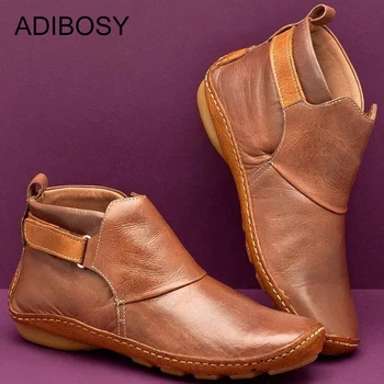 

Short Boots Women Brown Low Flat Soft Leather Casual Women Shoes Autumn Hook&Loop Round-toe Platform Ankle Boots Loafers Female