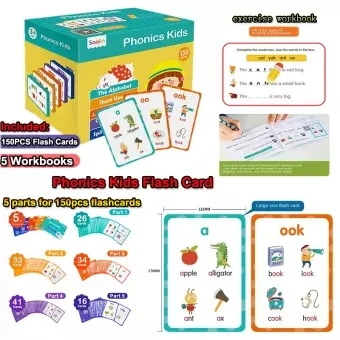 

Educational Toys for Children 150 English Phonics Word Cards + 5 Workbooks Kids Early Education Student Teaching Textbook