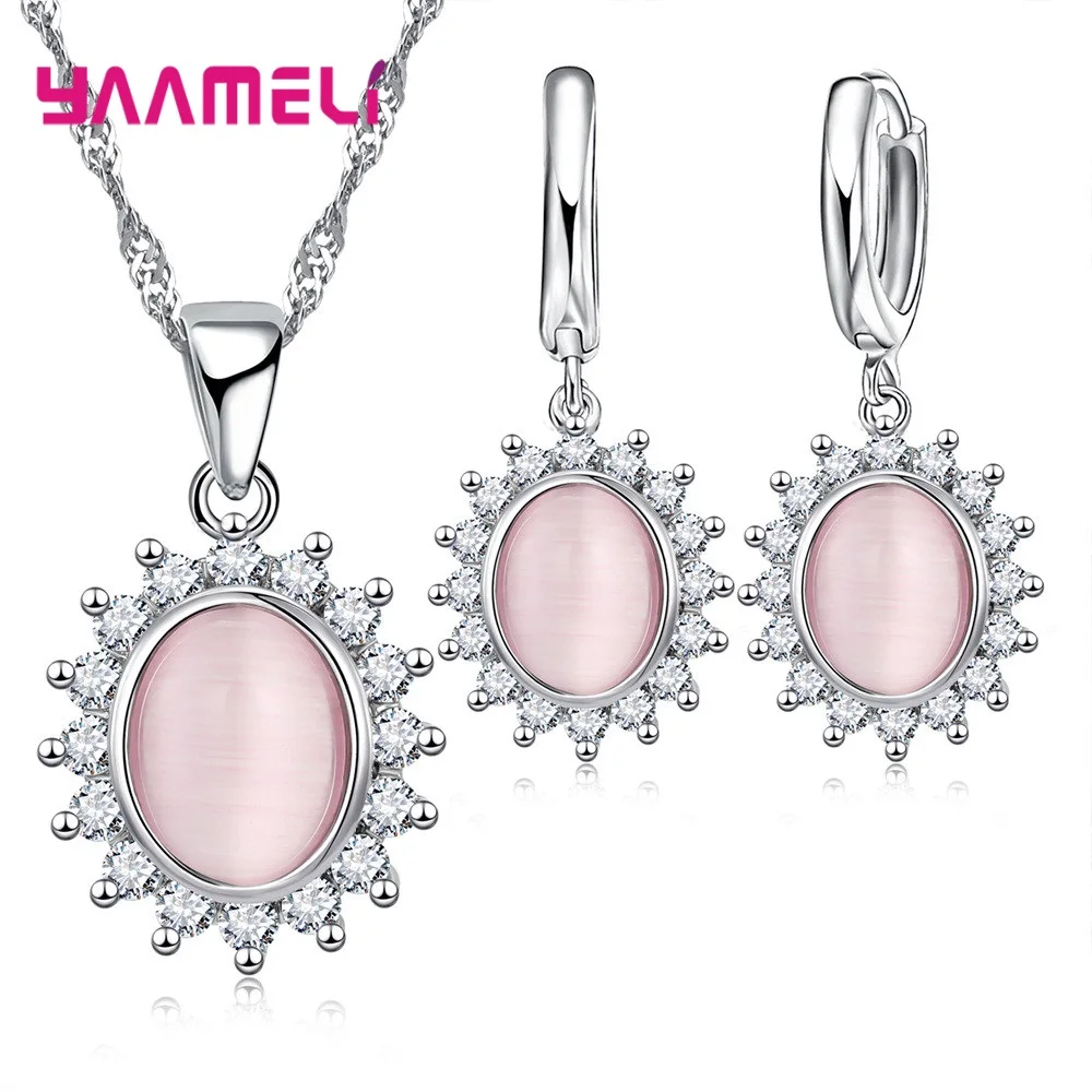 Summer Sale 925 Sterling Silver Oval Cat's Eye Opal Gemtone Necklace Earrings Jewelry Sets Brilliant Cubic Zircon Flower Pendant 