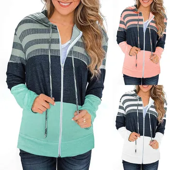 

Woman Jacket Coat женская куртка New Fashion джинсовая куртка Autumn Stripe Jacket Long Sleeve Hooded Zipper Coat Outerwear