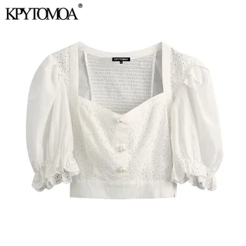 

KPYTOMOA Women 2020 Fashion Hollow Out Embroidery Cropped Blouses Vintage Puff Sleeve Pearl Buttons Female Shirts Chic Tops