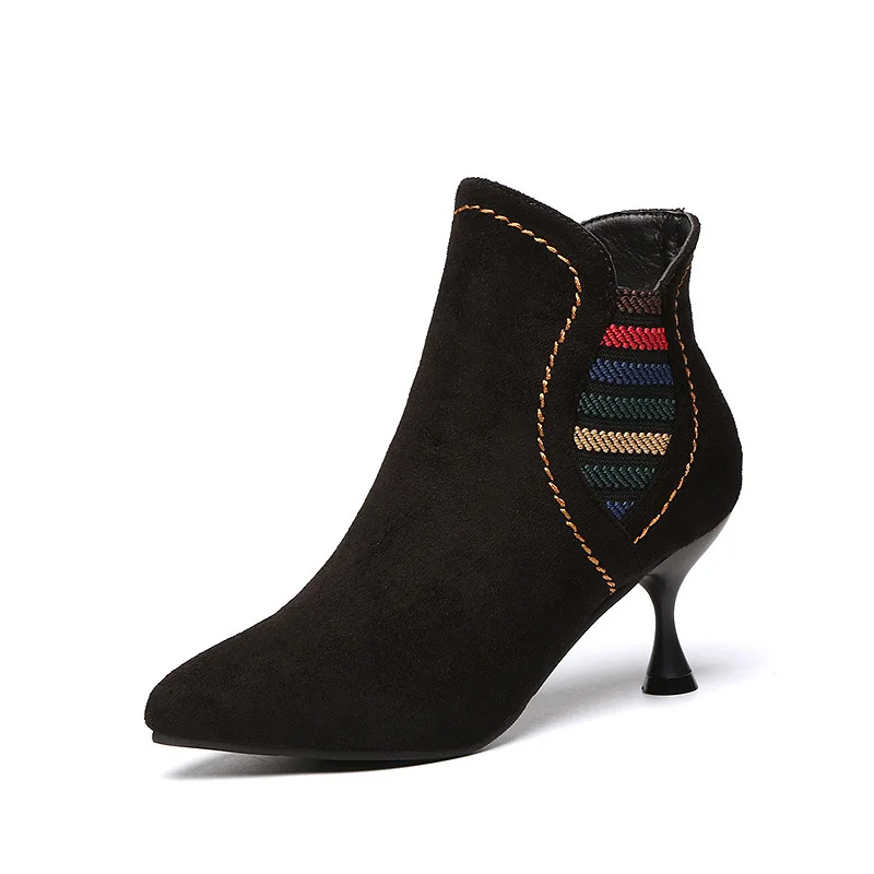 

2019 Spring and Autumn New Color Matching Striped Elastic Band Short Tube High-heeled Martin Women's Boots
