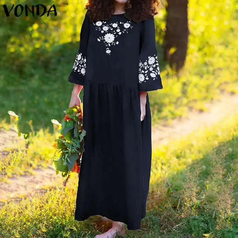 VONDA, женское повседневное свободное винтажное праздничное платье с рукавом 3/4, длинное платье макси с цветочным принтом, Vestidos размера плюс, летнее платье для женщин