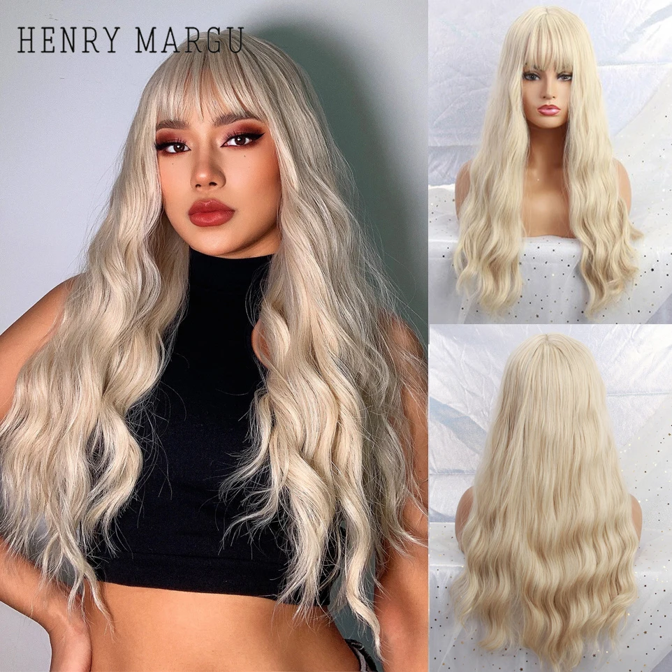 HENRY MARGU Pure Blonde Synthetic Hair Wigs Long Water Wave Wig for Women Colored Cosplay Lolita Wig with Bangs Heat Resistant