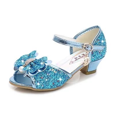 Princess Kids Leather Shoes for Girls Flower Casual Glitter Children High Heel Girls Shoes Butterfly Knot Blue Pink Silver B blue