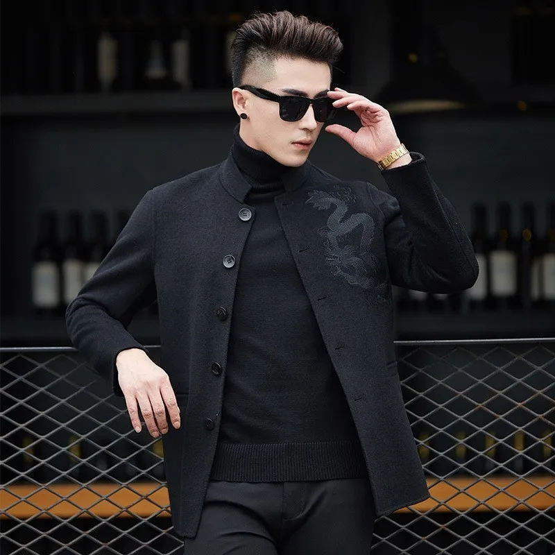 

2020 Chinese Vintage Mens Dragon Embroidery Double Faced Wool Coat Stand Collar Single Breasted Office Work Formal Party Jacket