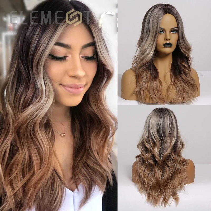 

Element Synthetic Long Natural Wave Ombre Brown Mix Golden Blonde Wigs Middle Part Heat Resistant Wigs for White/Black Women