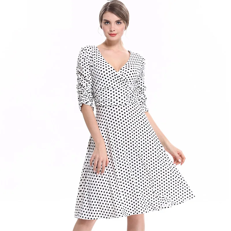 16 White dots Новое Осеннее женское платье с v-образным вырезом, хлопковые тонкие вечерние платья, женские повседневные модные сексуальные однотонные длинные женские Платья До Колена, Vestidos - Цвет: 16 White dots