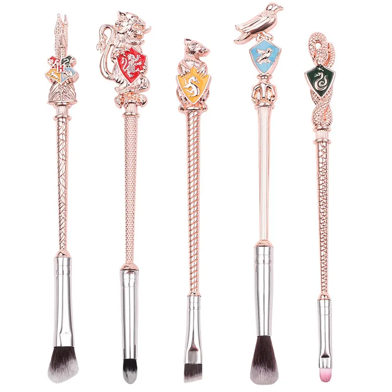 rose gold Хогвартс Гриффиндор Слизерин Ravenclaw Hufflepuff эмалированный значок набор кистей для макияжа 5 шт. Профессиональные кисти для макияжа Набор инструментов - Handle Color: rose gold