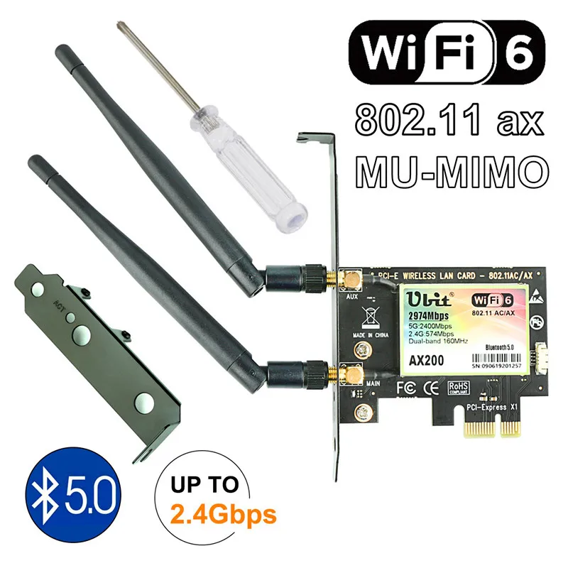 Bluetooth 5,0 | 2,4 Гбит/с Pcie Wifi карта Ubit Gigabit Двухдиапазонная сетевая карта Wifi 6 AX200 беспроводной адаптер для ПК рабочего стола Windows