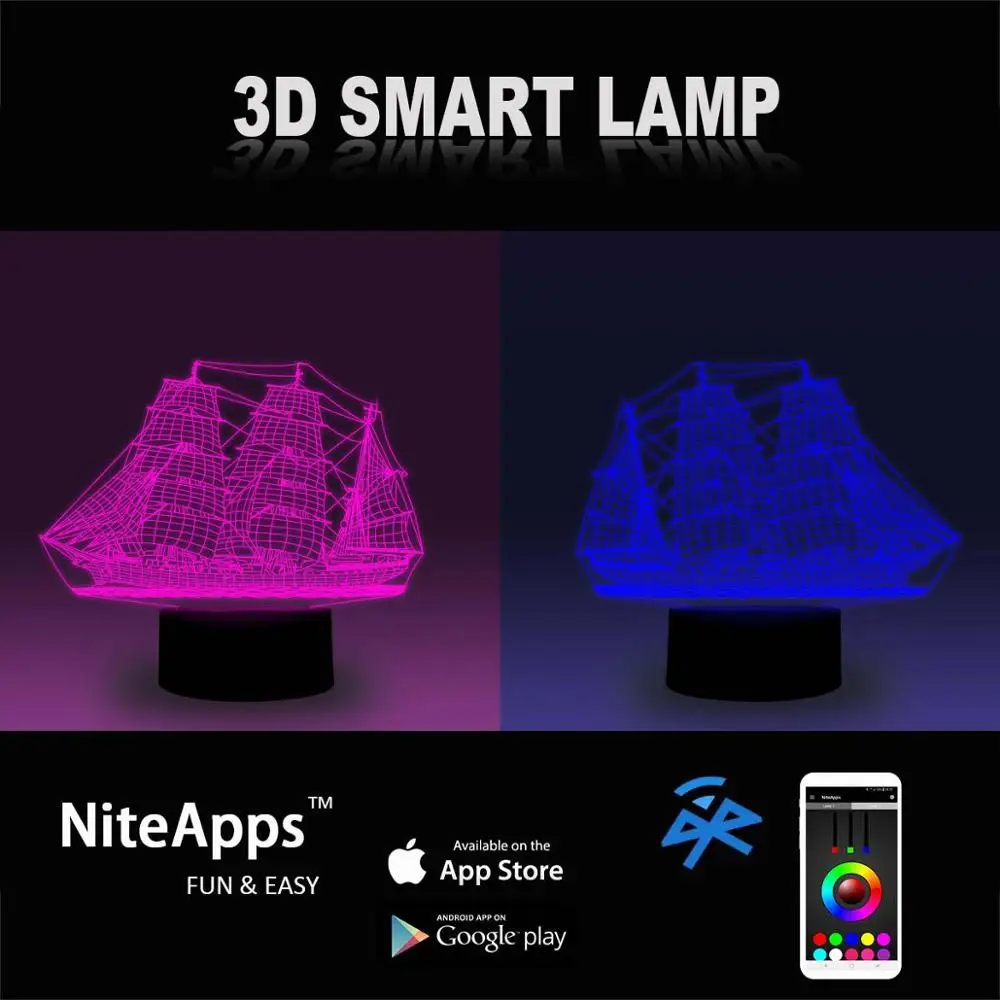 NiteApps 3D Sailboat ночник настольная лампа Иллюзия украшение лампа подарок на день рождения приложение/сенсорное управление