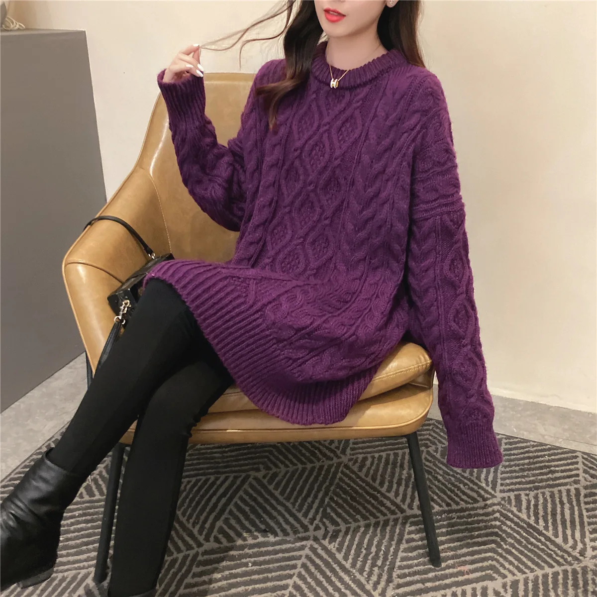 VOZRO The Earth color system пеньковый свитер с длинными рукавами, женский костюм, осенне-зимнее платье, одноцветное длинное винтажное платье